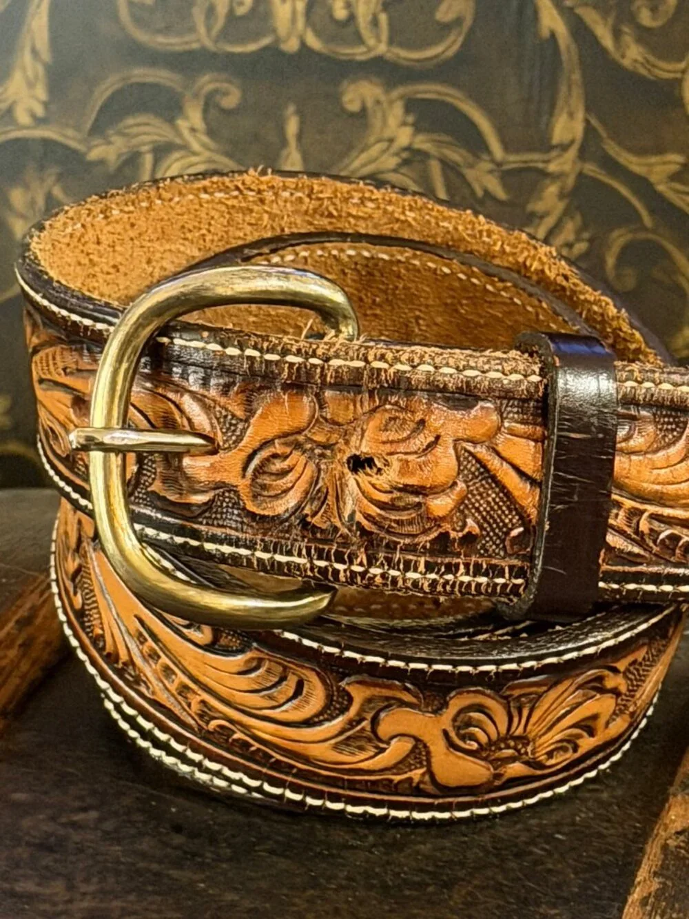 Tony Lama Mens Size 38 Leather Belt Brown Floral Tooled Western Made in USA